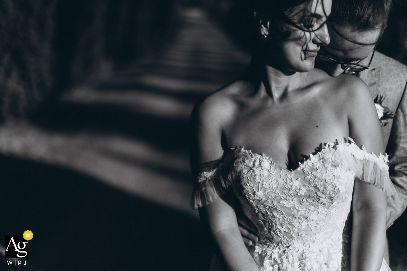 a couple portrait at sunset in black and white